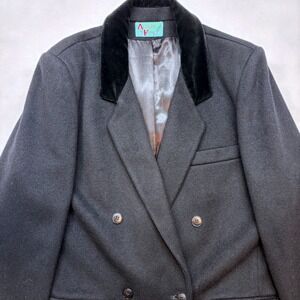 Vintage Album by Kenzo Black 100% Wool Velvet Collar Double Breasted Long Coat L